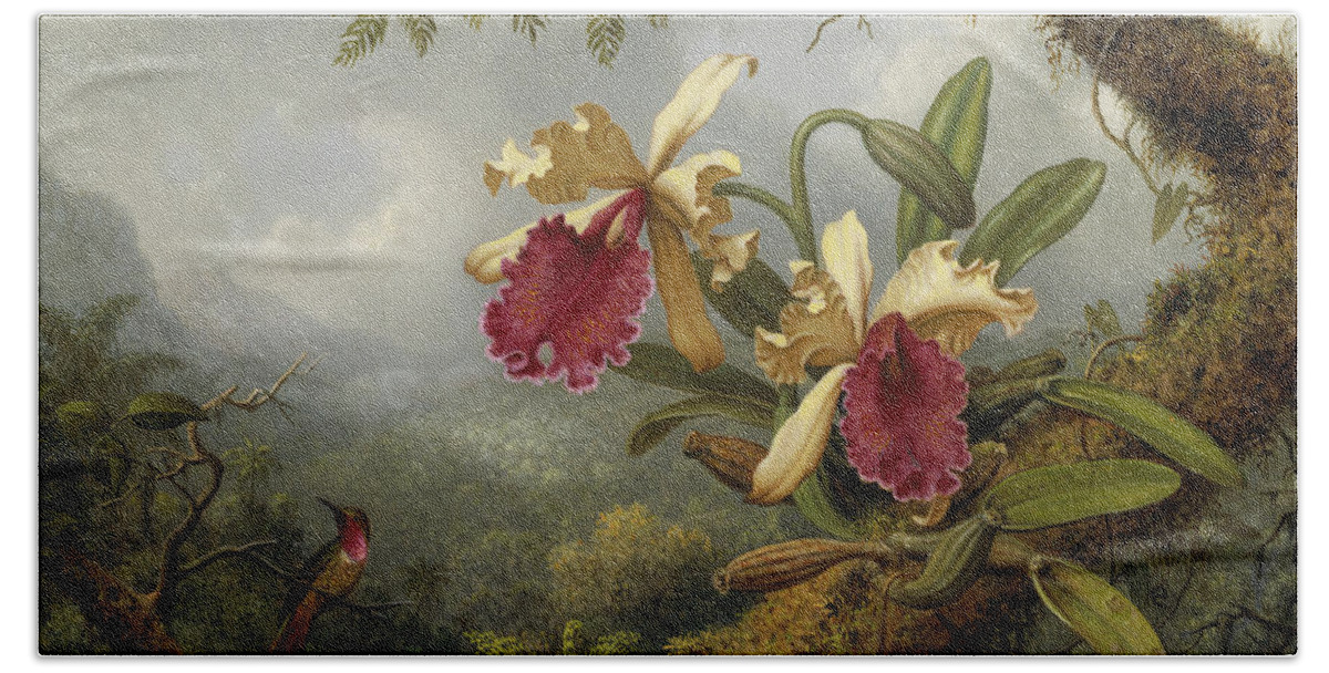 Orchid Hand Towel featuring the painting Orchids and Hummingbird by Martin Johnson Heade