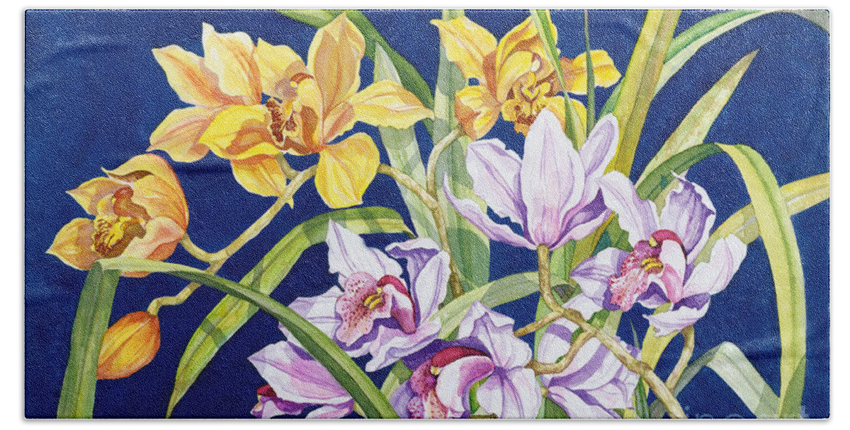 Orchids Bath Towel featuring the painting Orchids In Blue by Lucy Arnold