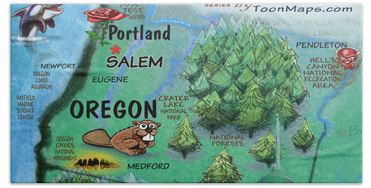 Oregon Bath Towel featuring the digital art Oregon Fun Map by Kevin Middleton