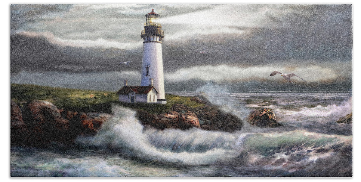 Evening Seascape Bath Sheet featuring the painting Oregon Lighthouse Beam of hope by Regina Femrite
