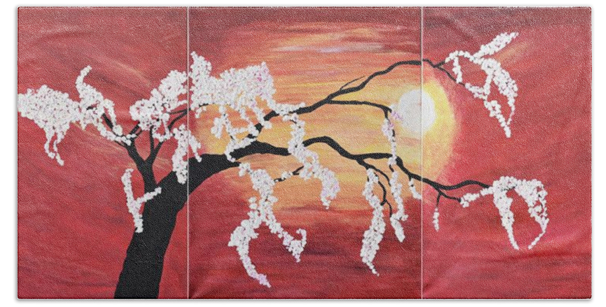 Oriental Art-cherry Blossom Art-cherry Blossoms Painting-modern Tree Art- Red Sunset -original Painting-asian Style -feng Shui Nature Abstract-cherry Blossoms Home Decor-red Wall Art-flower Tree Wall Art Bath Towel featuring the painting Oriental Art Cherry Blossoms wall Art -Red Sunset -Modern Flower Tree 3 Panel Set by Geanna Georgescu