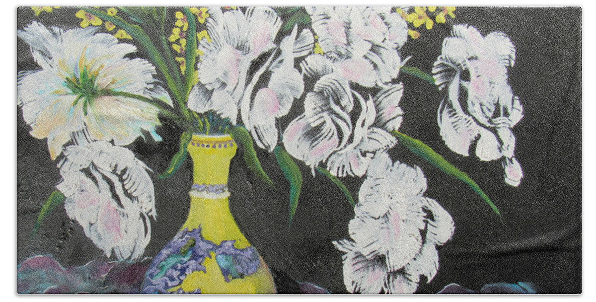 Still Life Hand Towel featuring the painting Oriental Vase and Flowers by Lisa Boyd