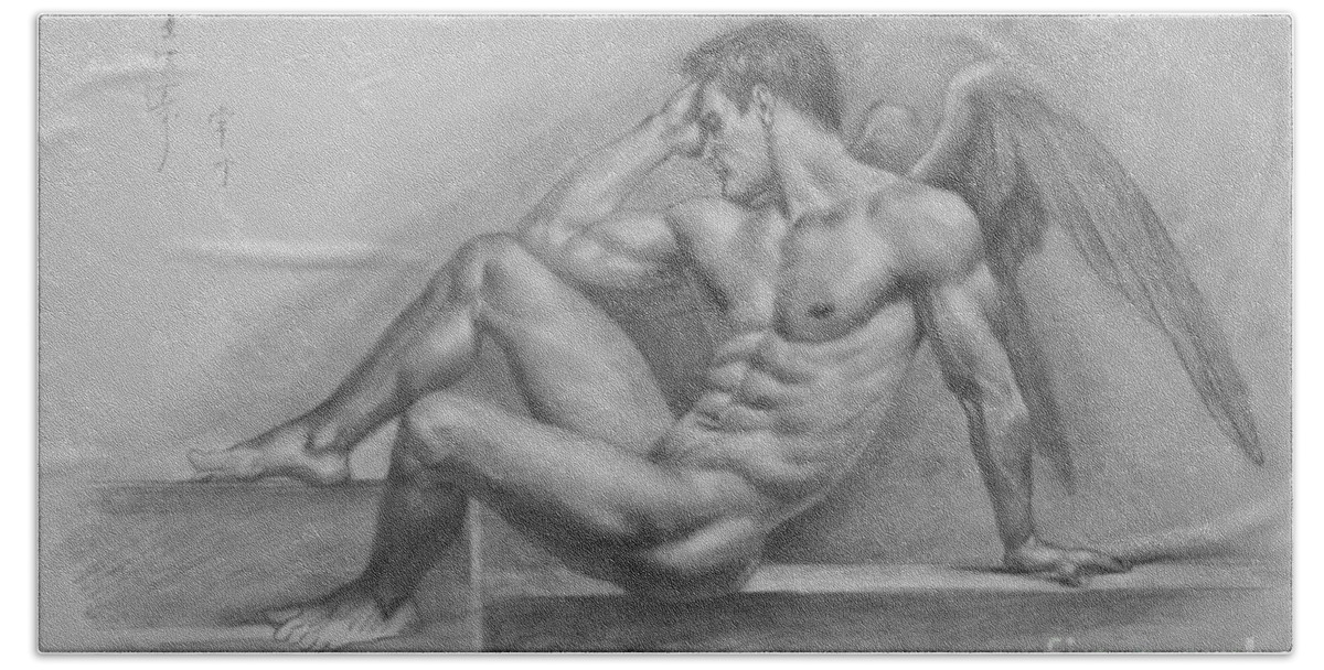 On Paper Hand Towel featuring the painting Original Charcoal Drawing Art Angel Of Male Nude On Paper #16-3-11-18 by Hongtao Huang