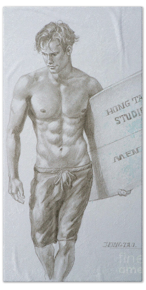 Charcoal Hand Towel featuring the drawing Original Charcoal Drawing Art Male Nude On Paper #16-3-11-08 by Hongtao Huang