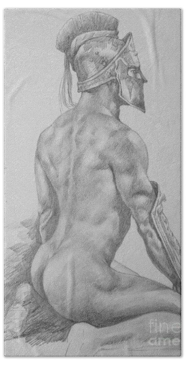 Drawing Hand Towel featuring the drawing Original Charcoal Drawing Art Male Nude On Paper #16-3-11-26 by Hongtao Huang