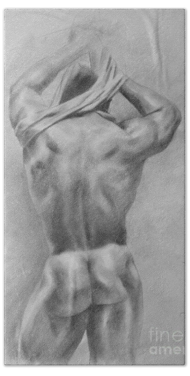 Drawing Hand Towel featuring the drawing Original Charcoal Drawing Art Male Nude On Paper #16-3-11-31 by Hongtao Huang