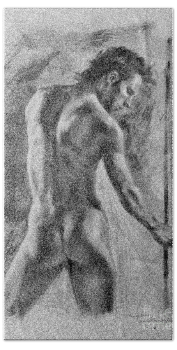 Drawing Hand Towel featuring the drawing Original Charcoal Drawing Art Male Nude On Paper #16-3-11-37 by Hongtao Huang