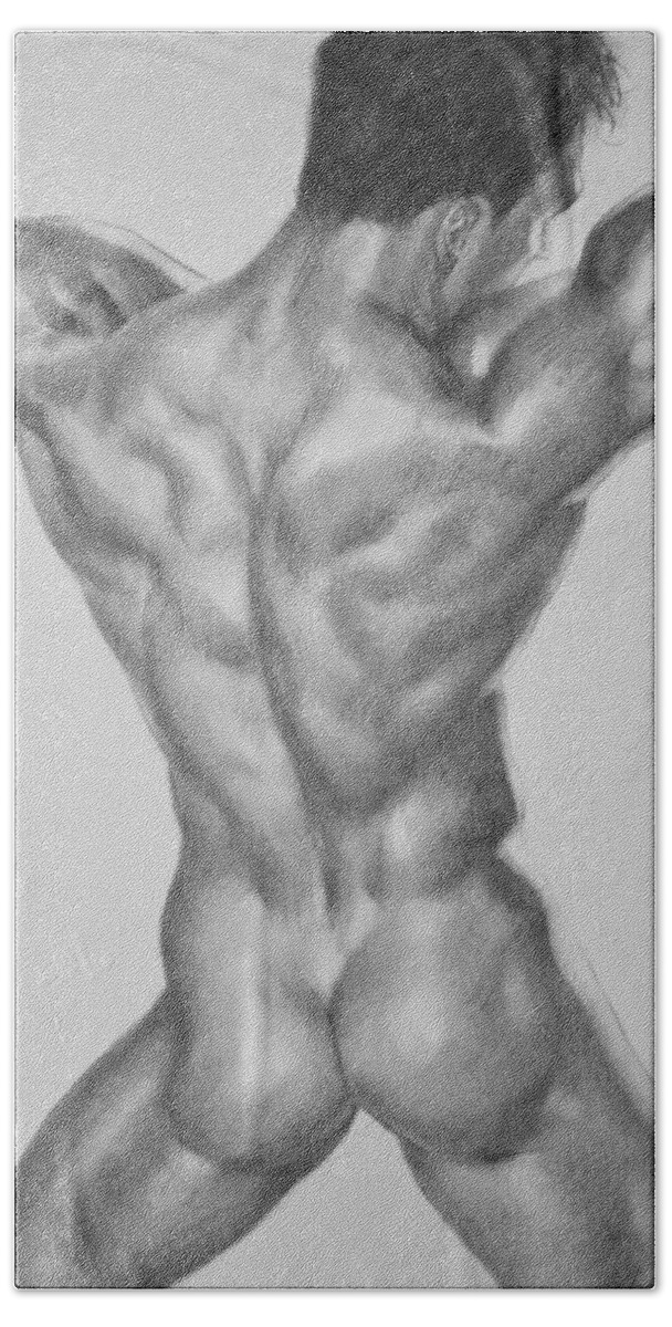 Original Artwork Bath Towel featuring the drawing Original Charcoal Drawing Male Nude Gay Interest Man On Paper #7-1-3 by Hongtao Huang