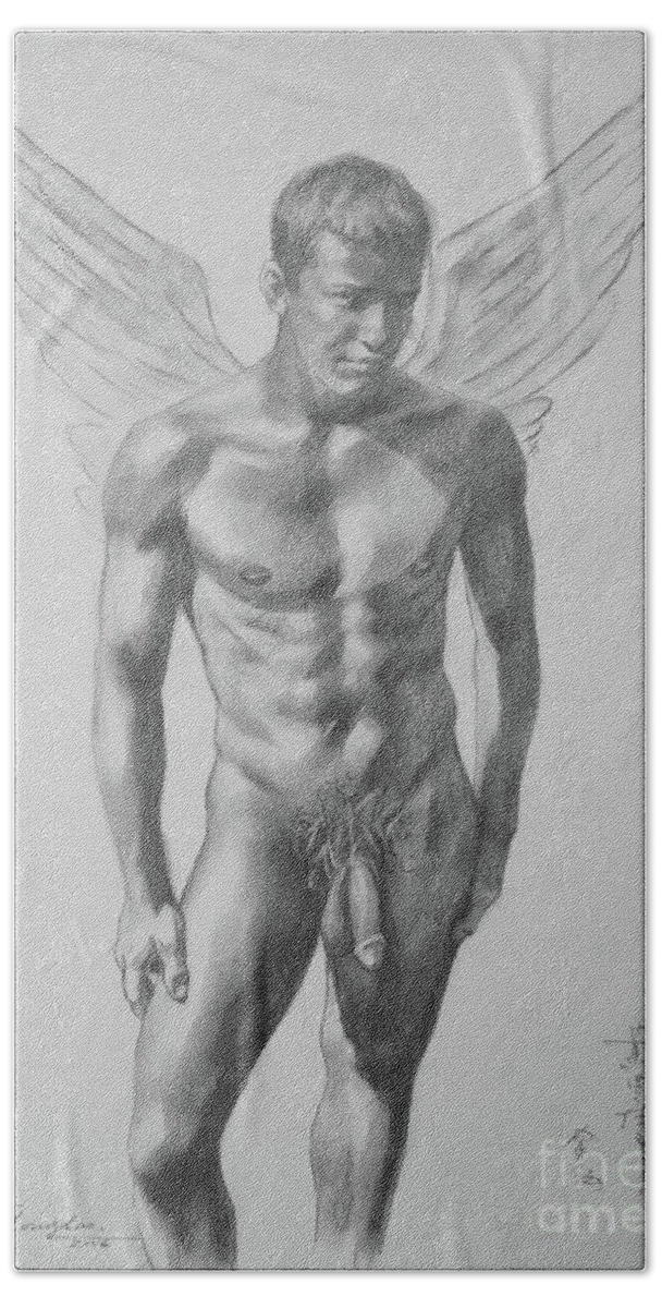 Original Art Bath Towel featuring the drawing Original Drawing Sketch Charcoal Angel Of Male Nude Boy On Pape#16-8-24 by Hongtao Huang