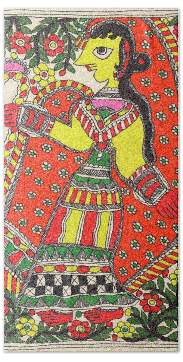 Decorative Original Madhubani Painting Indian Village Woman Portrait Watercolor Painting Traditional Artwork Handmade Paper Artwork Bath Towel featuring the painting Original Madhubani Painting Indian Village Woman Portrait Watercolor Traditional Artwork. by B K Mitra