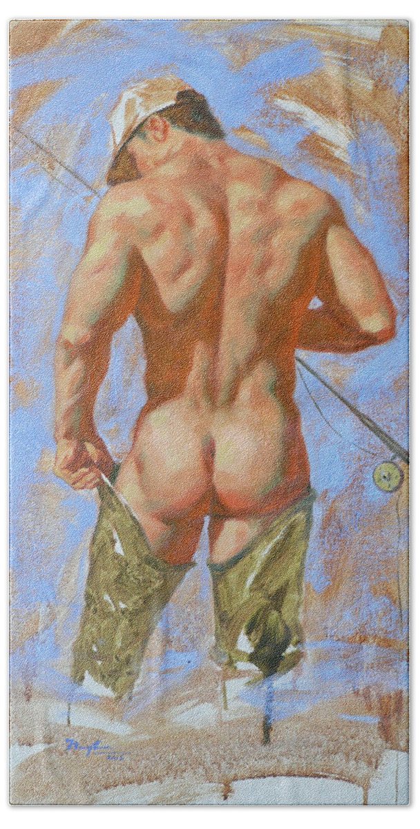 Original Art Hand Towel featuring the painting Original Oil Painting Art Male Nude Fisherman On Linen #16-2-20 by Hongtao Huang