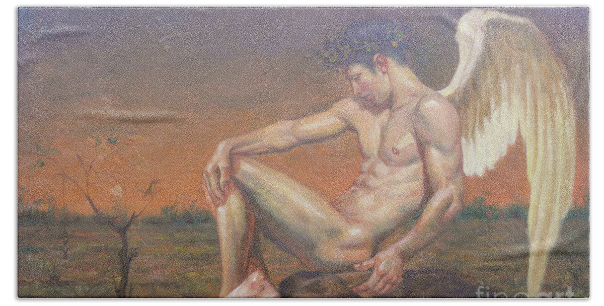 Original Art Hand Towel featuring the painting Original Oil Painting Nude Art Angel Of Male Nude On Linen#16-7-21 by Hongtao Huang