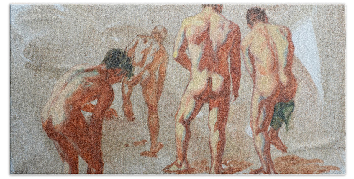 Original Art Hand Towel featuring the painting Original Sketch Oil Painting Artwork Male Nude Man Gay Interest On Canvas #9-019-2 by Hongtao Huang