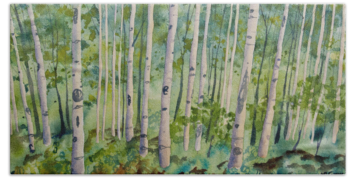 Forest Bath Towel featuring the painting Original Watercolor - Summer Aspen Forest by Cascade Colors