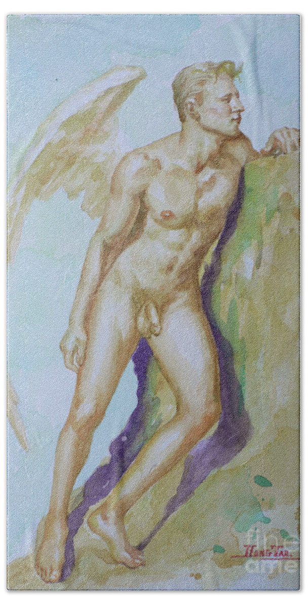 Angel Bath Towel featuring the painting Original Watercolour Angel Of Male Nude On Paper#16-10-6-04 by Hongtao Huang