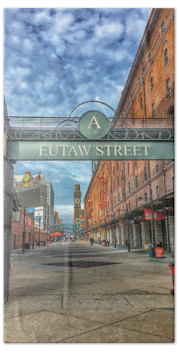 Oriole Park Bath Towel featuring the photograph Oriole Park at Camden Yards - Eutaw Street Gate by Marianna Mills