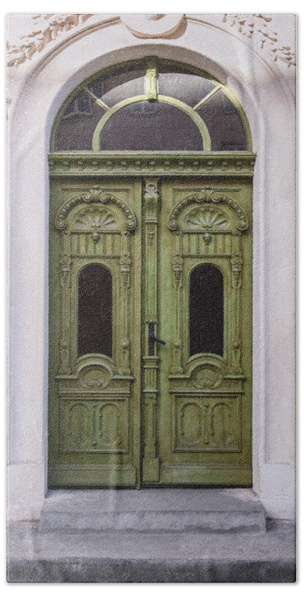 Gate Bath Towel featuring the photograph Ornamented gates in olive colors by Jaroslaw Blaminsky