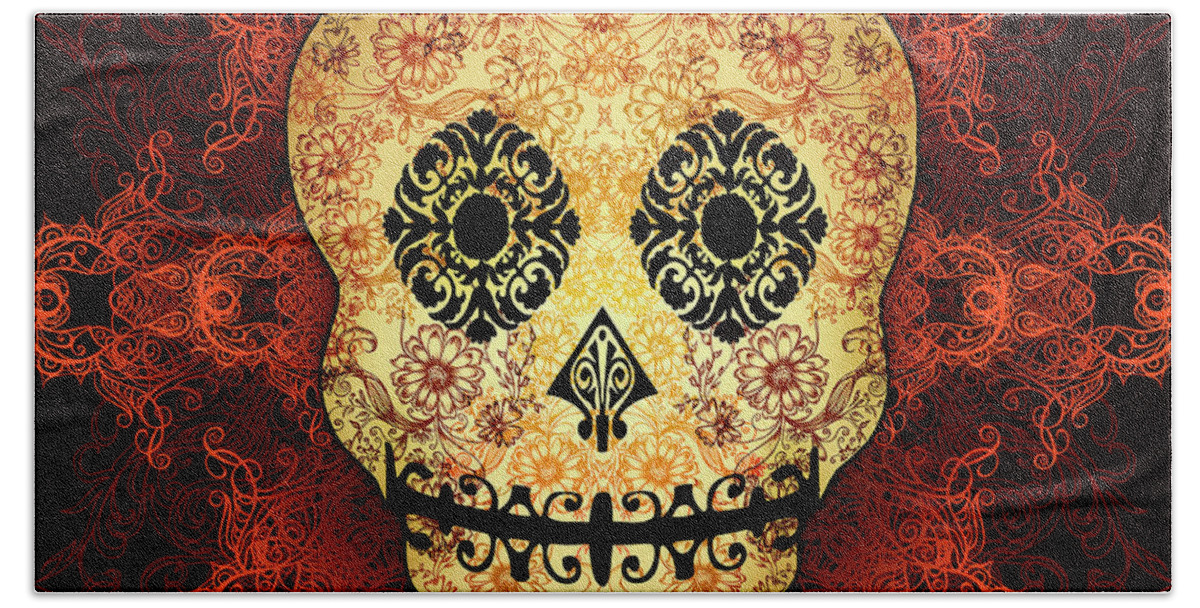 Vintage Bath Sheet featuring the digital art Ornate Floral Sugar Skull by Tammy Wetzel