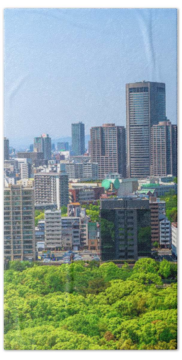 Osaka Skyline Bath Towel featuring the photograph Osaka business district aerial by Benny Marty
