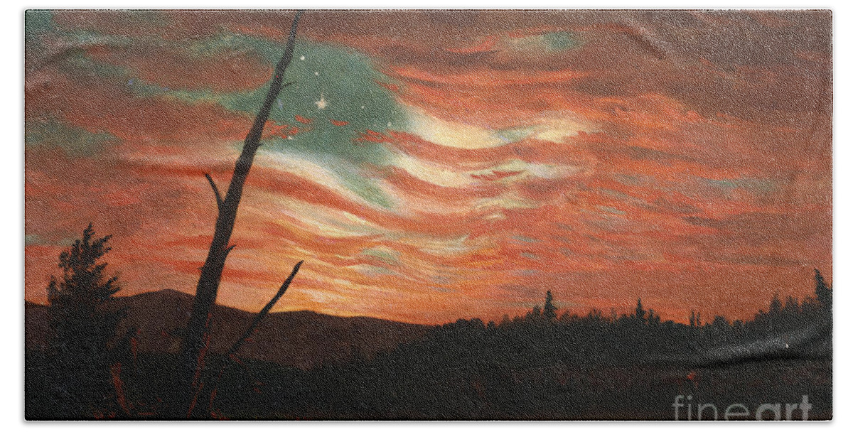 Our Hand Towel featuring the painting Our Banner in the Sky by Frederic Edwin Church