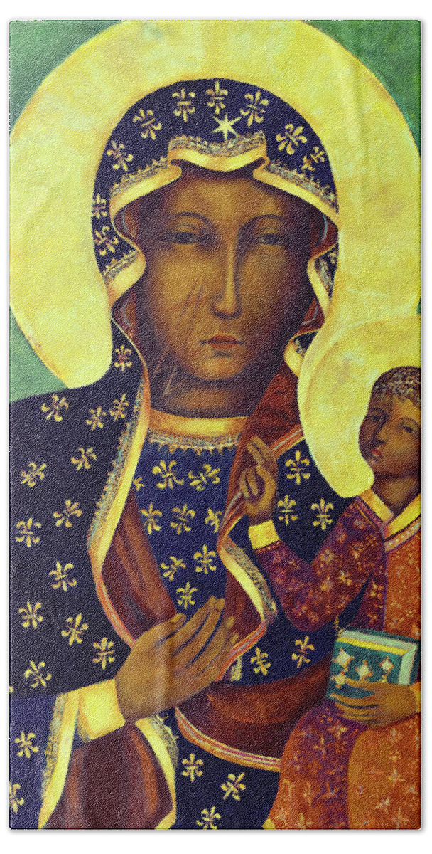 Our Bath Towel featuring the painting Our Lady of Czestochowa Black Madonna Poland Virgin Mary Art by Magdalena Walulik