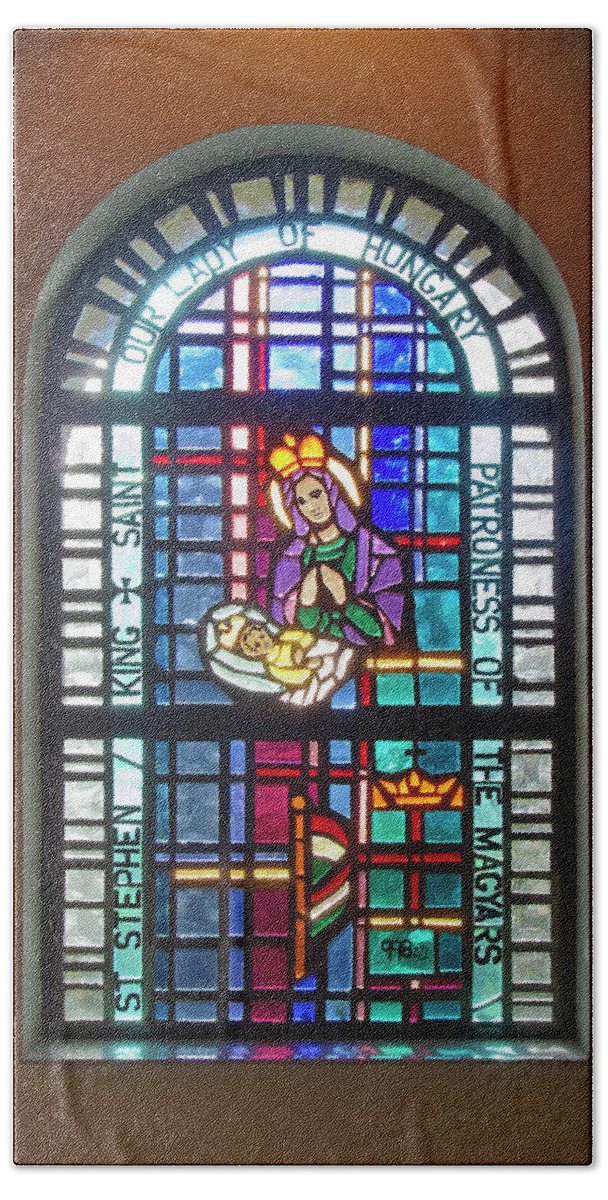 Stained Glass Window Bath Towel featuring the photograph Our Lady of Hungary by Sally Weigand