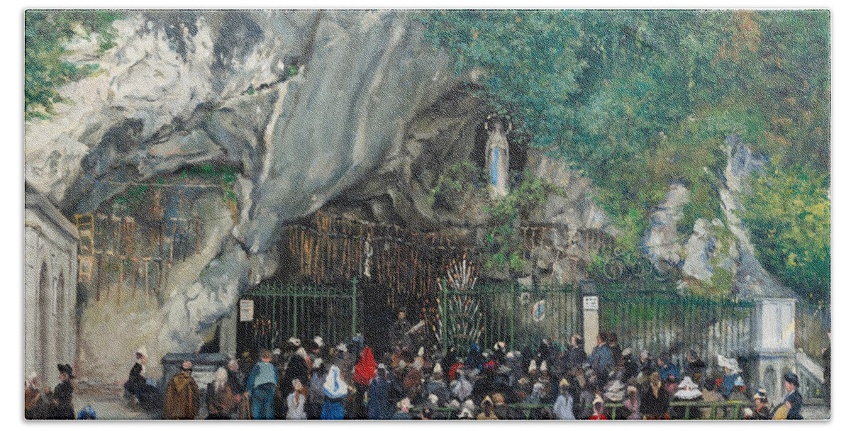 Francisco Oller Bath Towel featuring the painting Our Lady of Lourdes by Francisco Oller