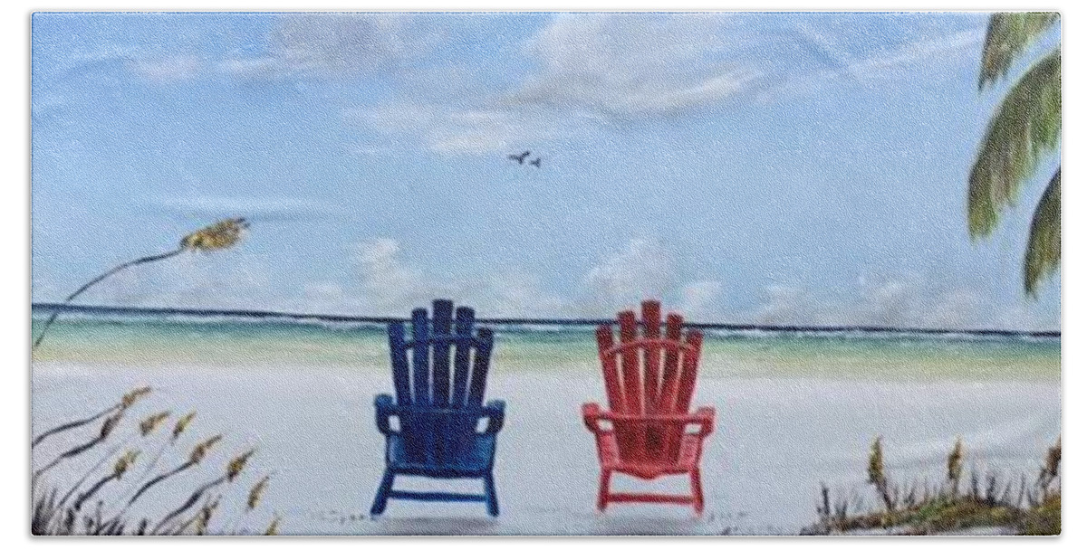 Adirondack Chair Hand Towel featuring the painting Our Spot On Siesta Key by Lloyd Dobson