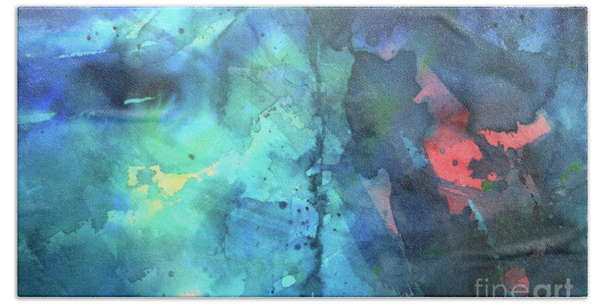 Abstract Bath Towel featuring the painting Out of the Blue by Lucy Arnold
