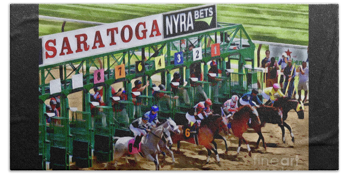 Saratoga Bath Towel featuring the digital art Out Of The Gate Saratoga by CAC Graphics