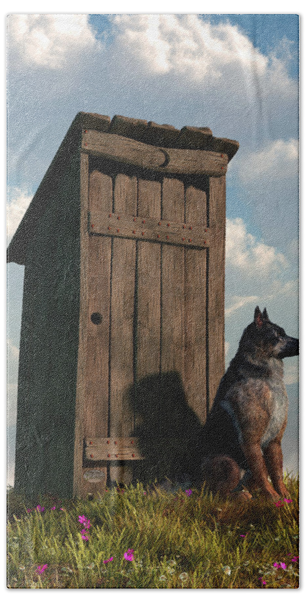 Dog Hand Towel featuring the digital art Outhouse Guardian - German Shepherd Version by Daniel Eskridge