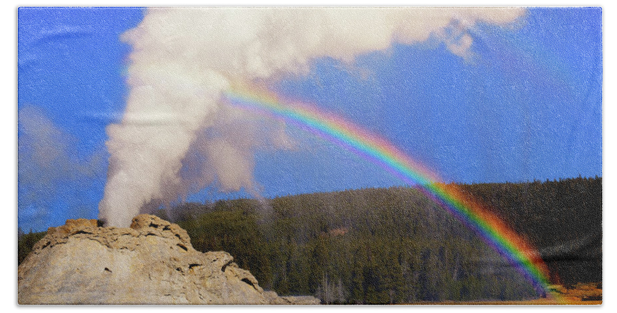 Castle Geyser Bath Towel featuring the photograph Over the Rainbow by Greg Norrell