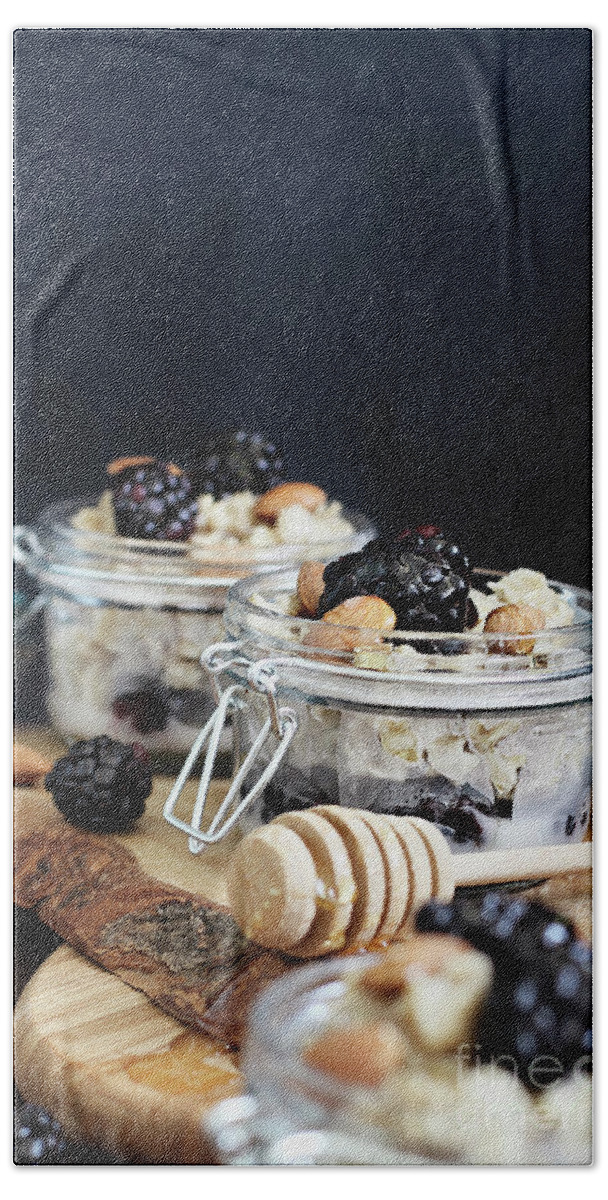 Overnight Oatmeal Hand Towel featuring the photograph Overnight Oatmeal with blackberries and Honey by Stephanie Frey