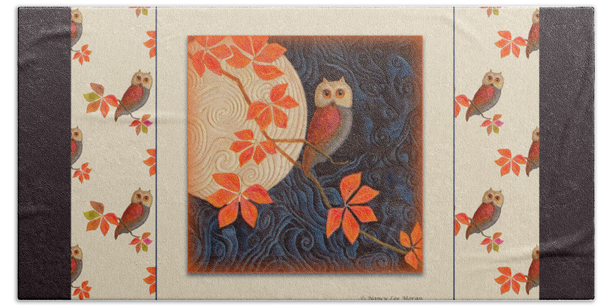 American Tradition Bath Towel featuring the painting Owl and Moon Autumn Warmth by Nancy Lee Moran