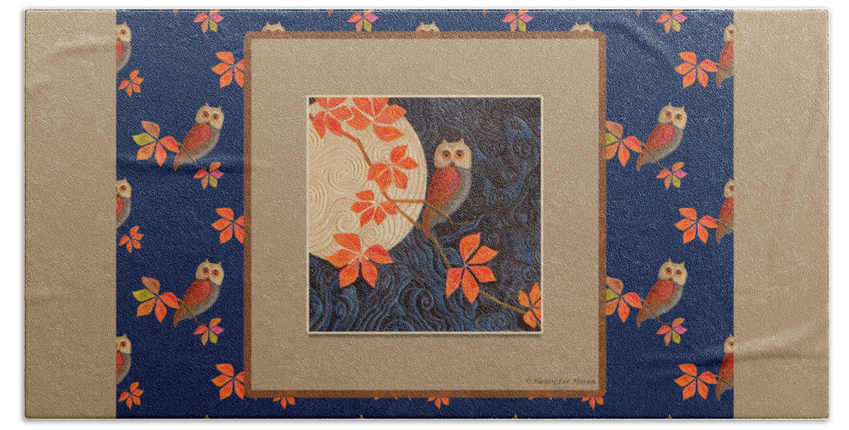 American Tradition Hand Towel featuring the mixed media Owl and Moon on Midnight Blue by Nancy Lee Moran