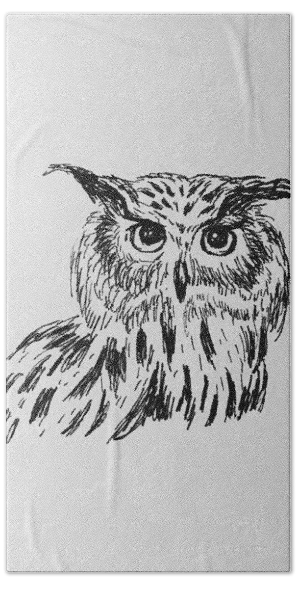 Owl Bath Towel featuring the drawing Owl Study 2 by Victoria Lakes