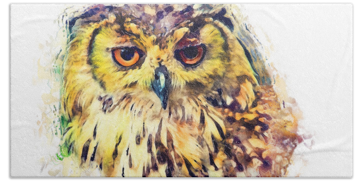 Owl Bath Towel featuring the painting Owl watercolor painting by Justyna Jaszke JBJart