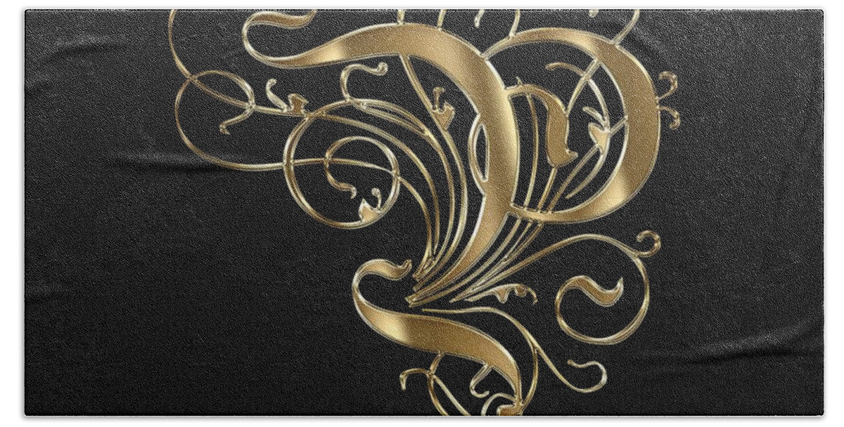 Golden Letter P Bath Towel featuring the painting P Golden Ornamental Letter Typography by Georgeta Blanaru