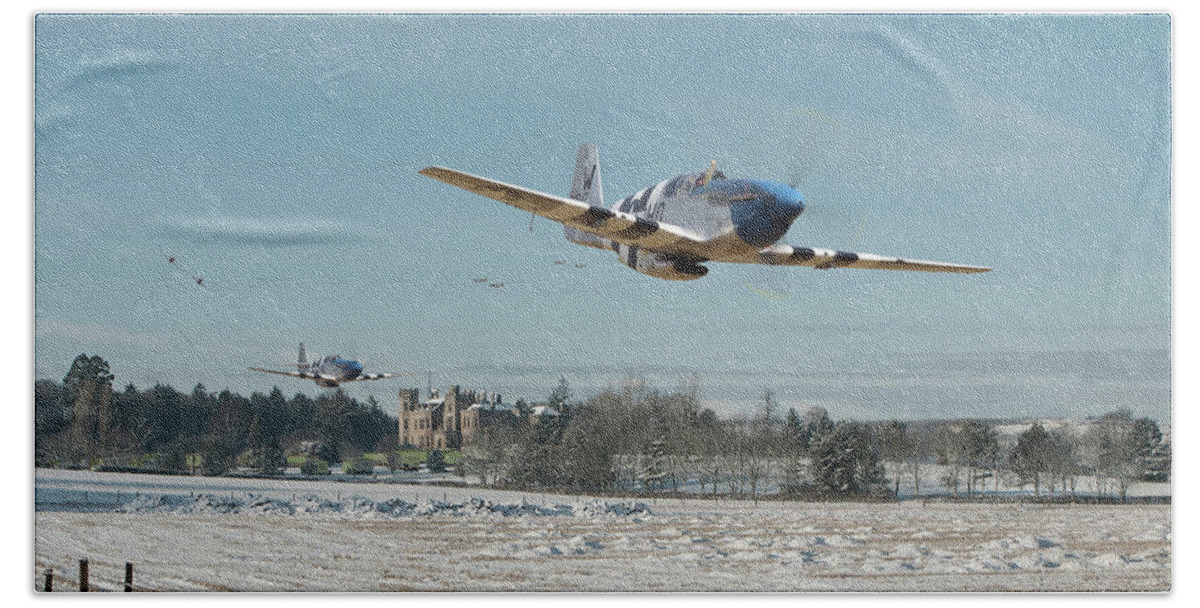 Aircraft Hand Towel featuring the digital art P51 Mustang - Bodney Blue Noses by Pat Speirs