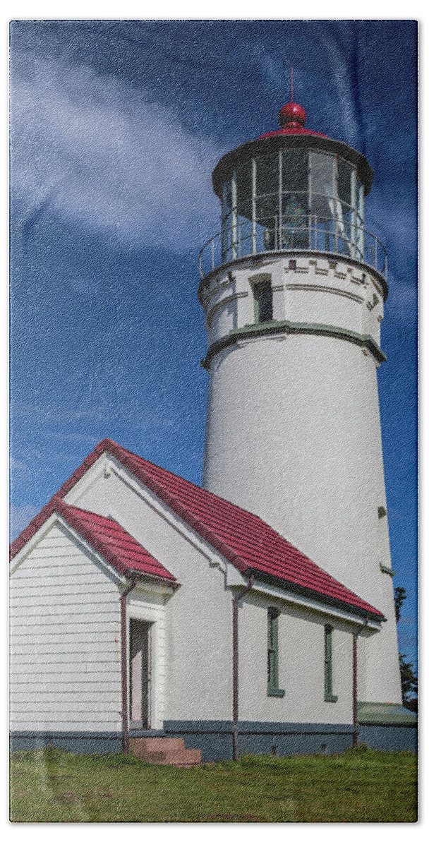 Clouds Bath Towel featuring the photograph Pacific Coastal Lighthouse by Debra and Dave Vanderlaan