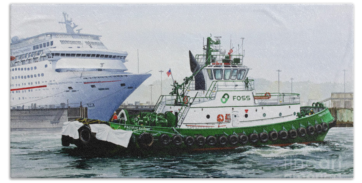 Pacific Escort Bath Towel featuring the painting PACIFIC ESCORT Cruise Ship Assist by James Williamson
