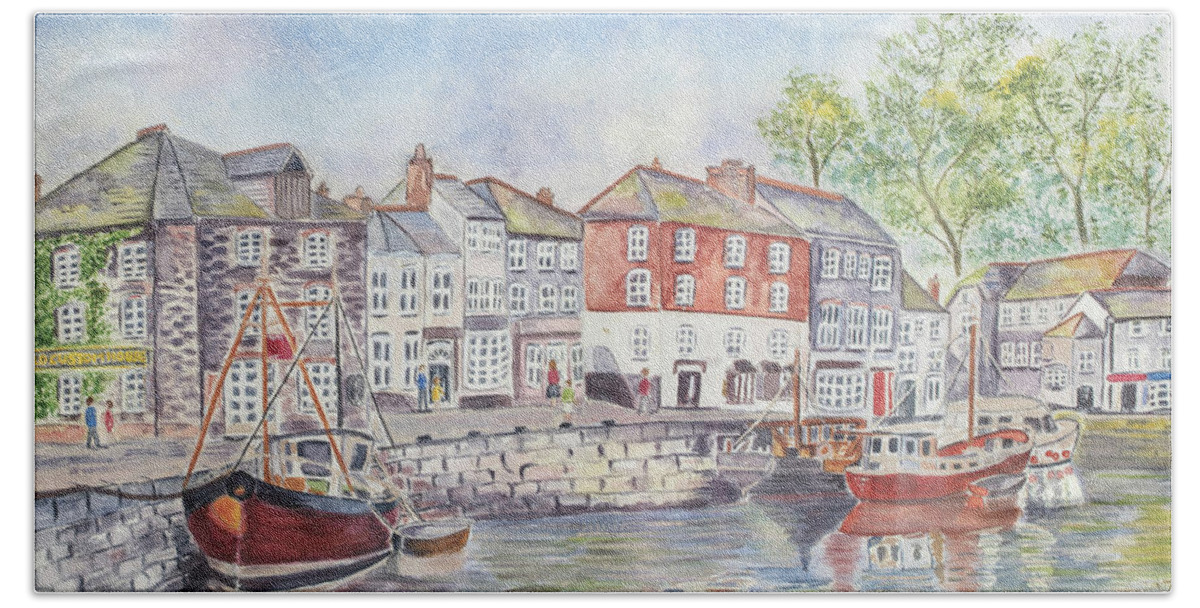 Padstow Bath Towel featuring the digital art Padstow Village Harbour by Laura Richards