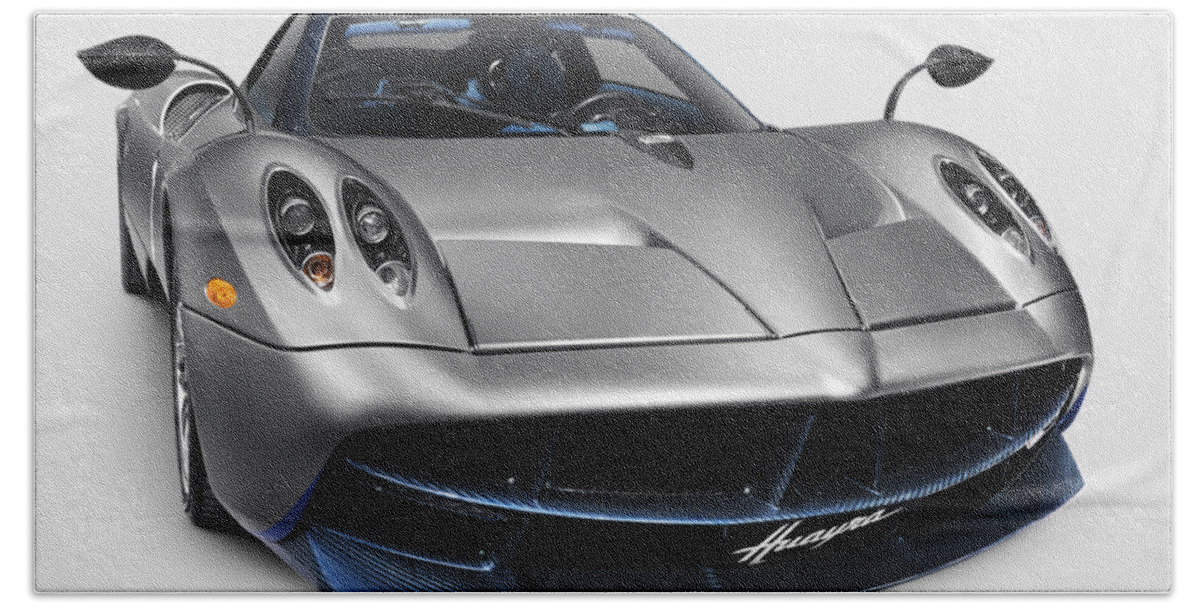 Pagani Bath Towel featuring the photograph Pagani Huayra exotic sports car by Maxim Images Exquisite Prints