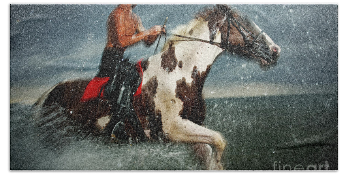 Horse Bath Towel featuring the photograph Paint horse running in the water by Dimitar Hristov