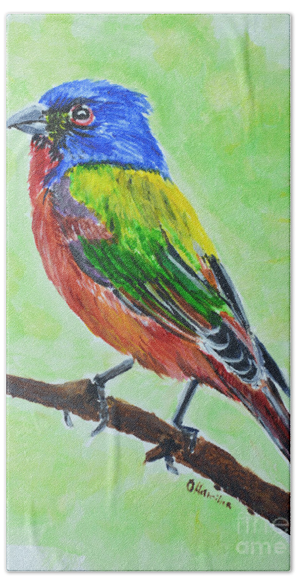 Painted Bunting Hand Towel featuring the painting Painted Bunting by Olga Hamilton
