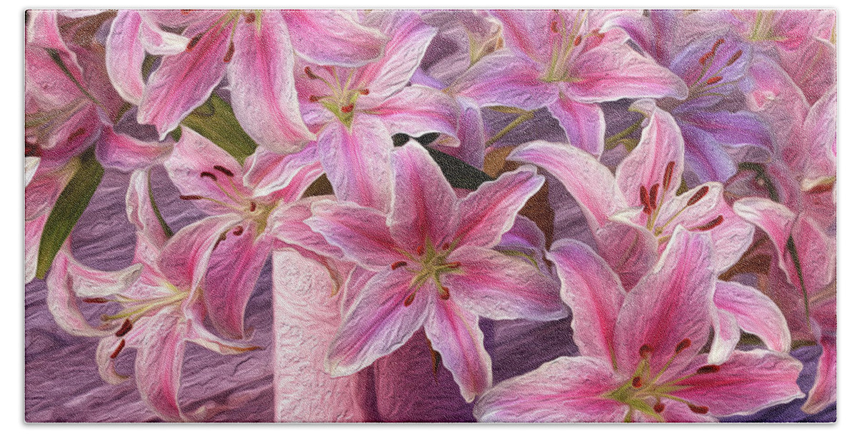 Lilies Bath Towel featuring the photograph Painted Pink Lilies by Vanessa Thomas