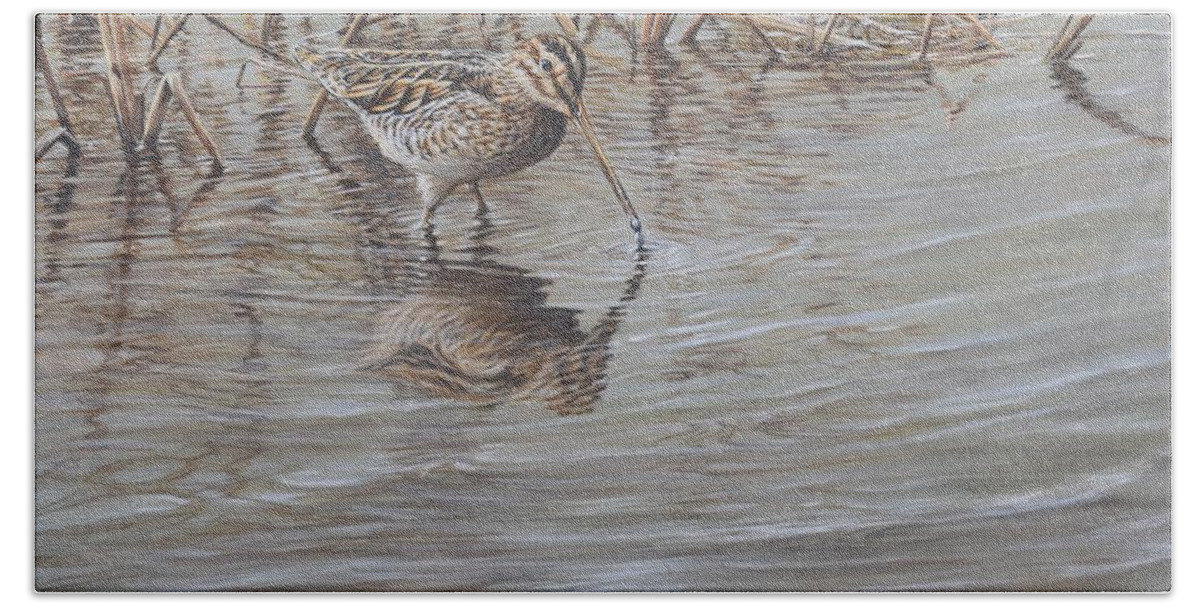Wildlife Paintings Hand Towel featuring the painting Pair of Snipe by Alan M Hunt