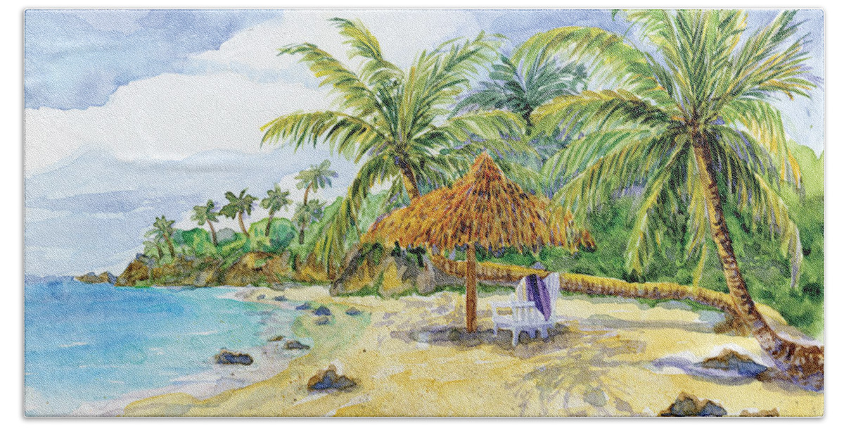 Palappa Hand Towel featuring the painting Palappa n Adirondack Chairs on a Caribbean Beach by Audrey Jeanne Roberts