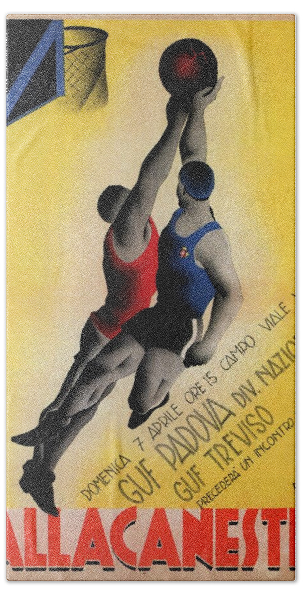 Pallacanestro Hand Towel featuring the mixed media Pallacanestro - Basketball Tournament - Padova, Italy - Retro travel Poster - Vintage Poster by Studio Grafiikka