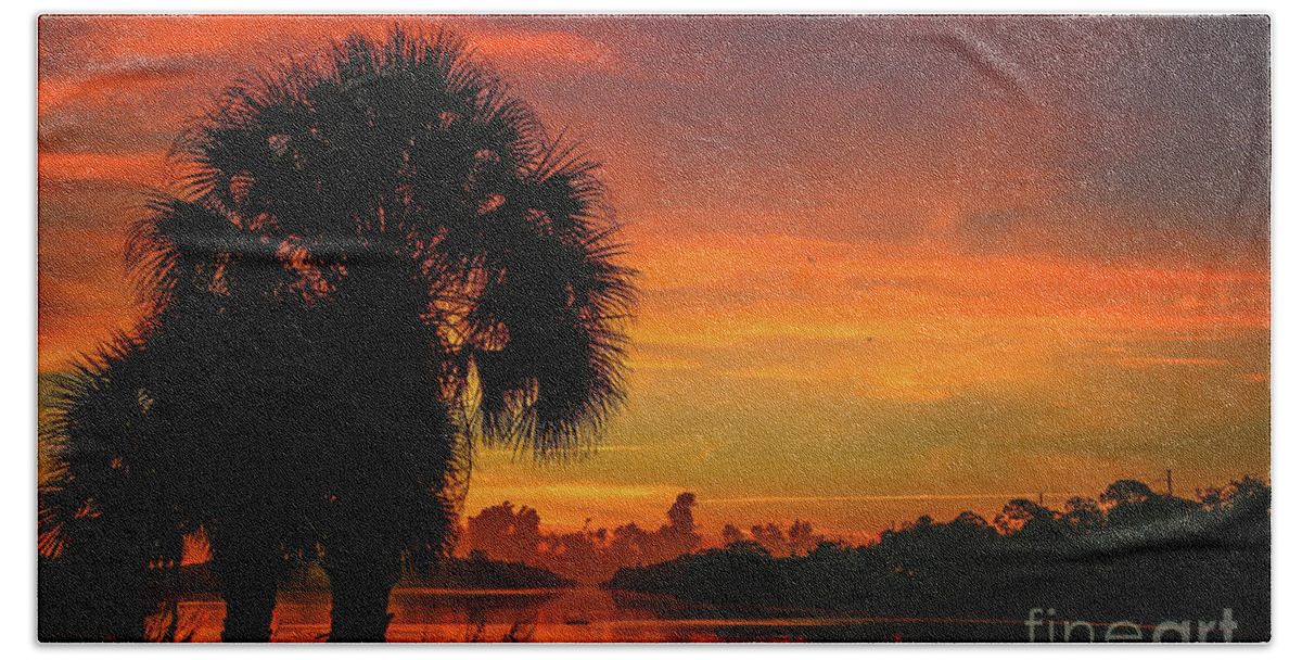Palm Bath Towel featuring the photograph Palm Silhouette Sunrise by Tom Claud